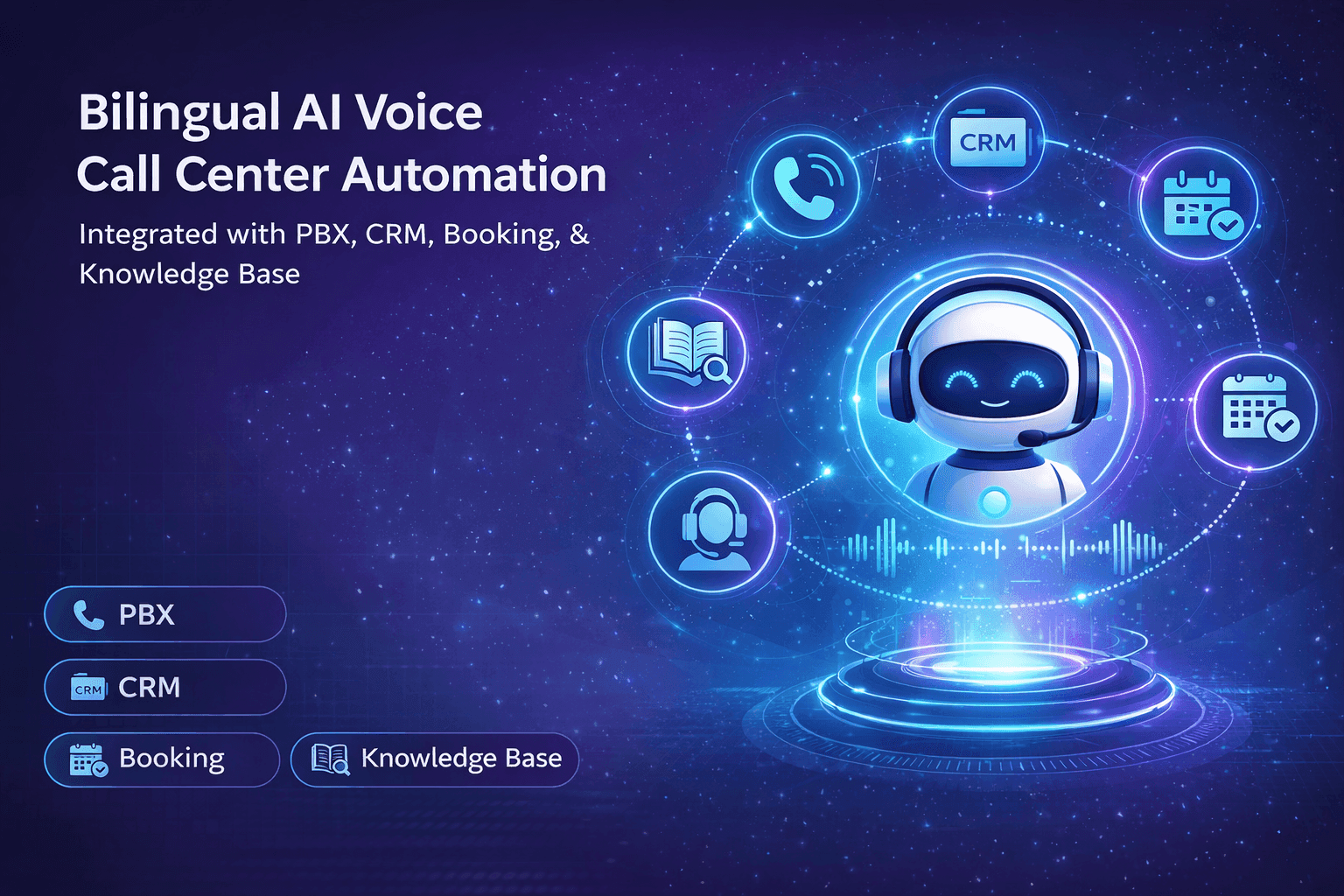 Bilingual AI voice call center automation integrated with PBX, CRM, booking, and knowledge base.
